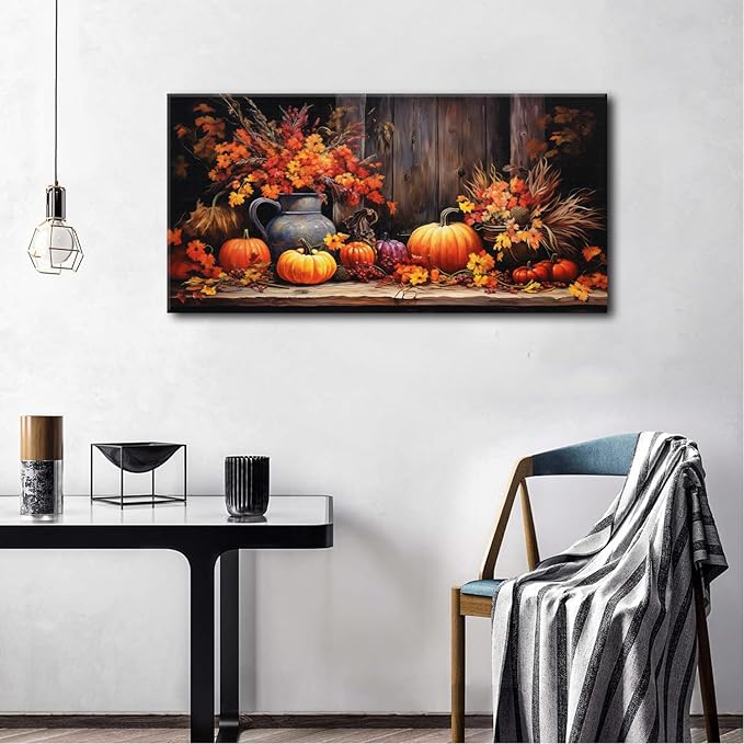 Orange Pumpkin Canvas Wall Art Kitchen Wall Decor Farmhouse Dining Room Pictures Halloween Painting Autumn Flowers Canvas Prints Rustic Fall Harvest Theme Posters Artwork Home Decorations 20x40"