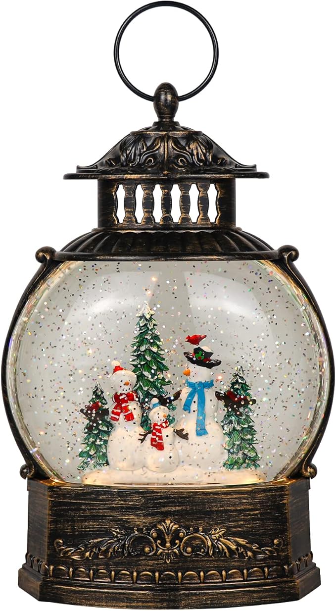 Wondise Lighted Christamas Snow Globe Lantern with Timer, 11.2 Inch USB Plug-in & Battery Operated Spinning Water Glitters Lighted Singing Snow Globe(Snowman)