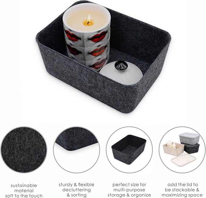 Welaxy Felt deep Storage Bins lidded Drawer Organizer Caddy for junk stuff stationery makeup jewelry closet bathroom minimalist lifestyle (Charcoal Bin, S)