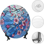 Stained Glass Theme Decorative Ceramic Plate Round Porcelain Plate,6 inch,Cherry Tree Pattern,for Decorative Ornaments Giving Plates, 1 Plate with 1 Display Stand,Blue Pink