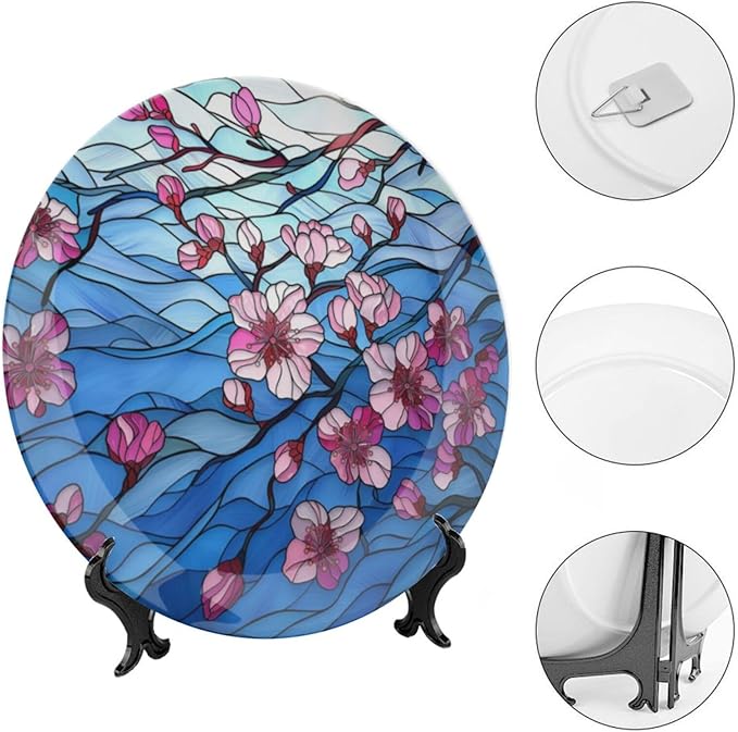 Stained Glass Theme Decorative Ceramic Plate Round Porcelain Plate,6 inch,Cherry Tree Pattern,for Decorative Ornaments Giving Plates, 1 Plate with 1 Display Stand,Blue Pink