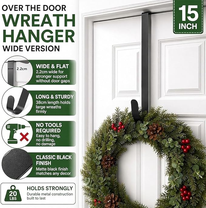 HappyFiller 15" Wreath Hanger for Front Door, Ultra-Sturdy Metal Over the Door Hook for Christmas, Easter & Seasonal Decor, Slim Fit Heavy Duty Single Door Hanger, Weather-Resistant, Matte Black
