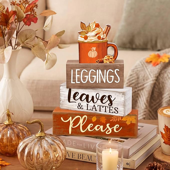 Lineshading 4 Pcs Fall Coffee Table Decor Fall Decoration for Home Wooden Stacked Block with Pumpkin Latte Topper Rustic Thanksgiving Tiered Tray Decor for Harvest Party Home Kitchen Coffee Bar Shelf