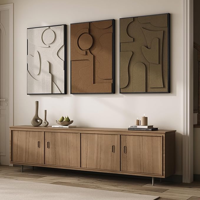 Large Framed 3D Textured Abstract Wall Art for Living Room, 3 Piece Modern Geometric Pictures Wall Decor, Neutral Minimalist White Brown Paintings for Bedroom Dining Room Hallway Office, 24x36 In