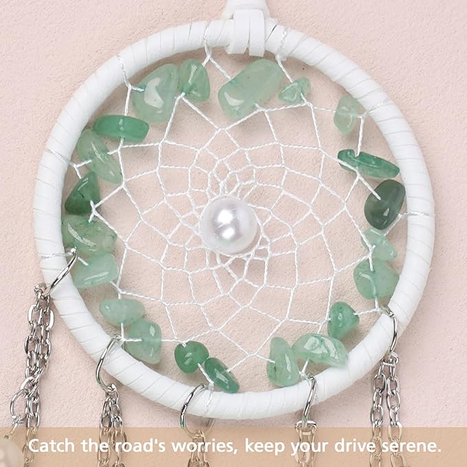Pretty Jolly Crystal Stone Small Dream Catchers Green Feathers Mini Dreamcatchers with Beads for Cars Rear View Mirror Hanging Decoration Good Luck Travel Charm Bedroom Ornaments for Women Girls