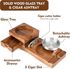 Scotte Ashtray Coaster Whiskey Glass Tray & Wooden Ash Tray with Cigar Cutter,Include Drawer and Cigar Slot Home Office Outdoor Great Cigar Accessories for Men