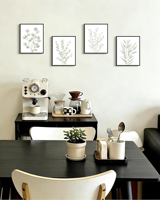 Drsoum Botanical Plant Framed Wall Art Boho Wall Decor for Bathroom Sage Green Eucalyptus Leaf Prints Minimalist Aesthetic Ready to Hang Set of 4, 8x10 in (Black Framed)