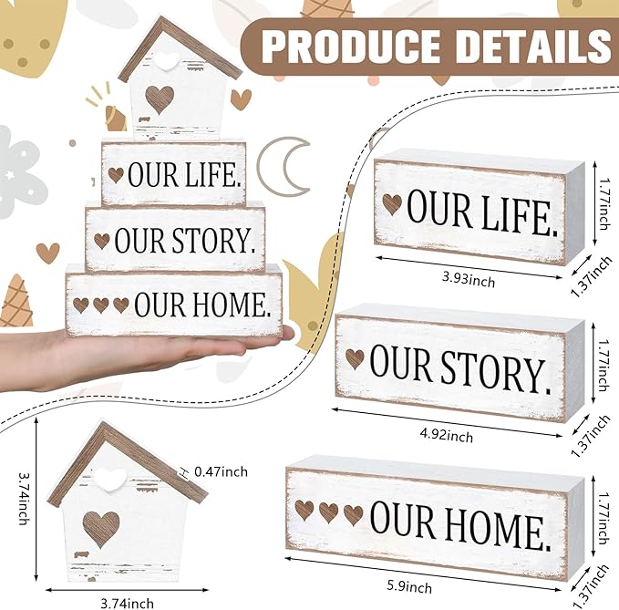 Cinnvoice 4 Pcs Farmhouse Tabletop Decor Rustic Family Blessed Home Table Centerpiece This Is Us Sign for Kitchen Shelf Desk Fireplace Mantel Tiered Tray Decor(Distressed Our Life Story Home)