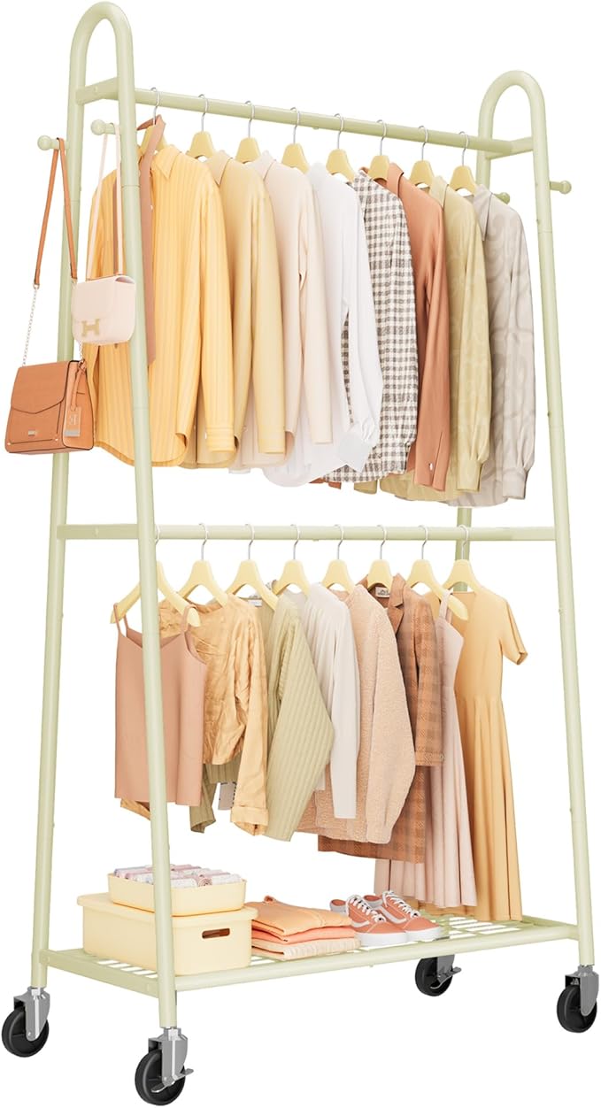 Heavy Duty Clothes Rack, Metal Clothing Rack with Double Hanging Rods, 4 Hooks & Mesh Shelf, Freestanding Garment Rack with Triangular Design for Bedroom Closet, 36.5" x 16.9" x 72.8", Beige