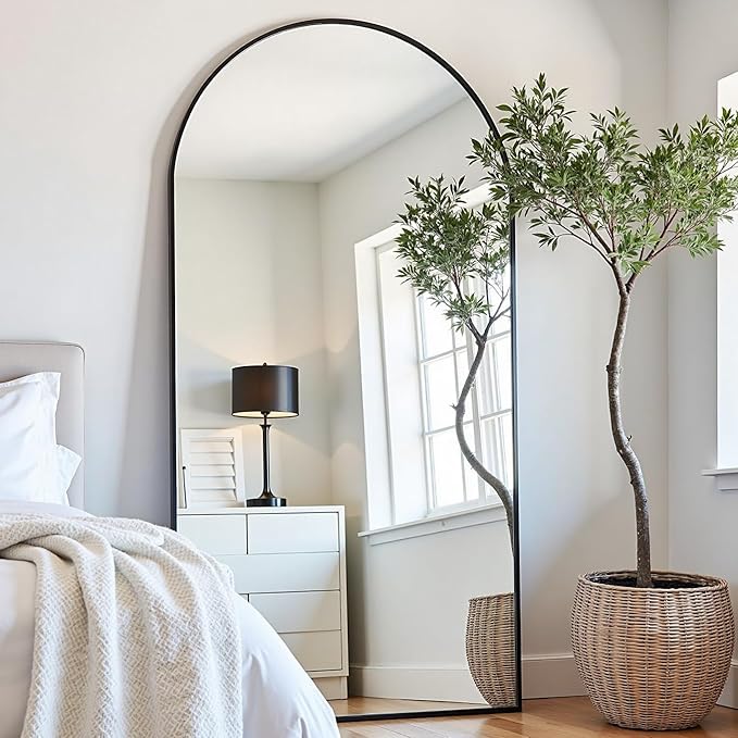 Prywot Arched Floor Mirror, 76 "x 34" Full Length Mirror Wall Mirrors Hanging or Leaning Arched-Top Full Body Mirrors with Stand for Bedroom, Dressing Room, Black