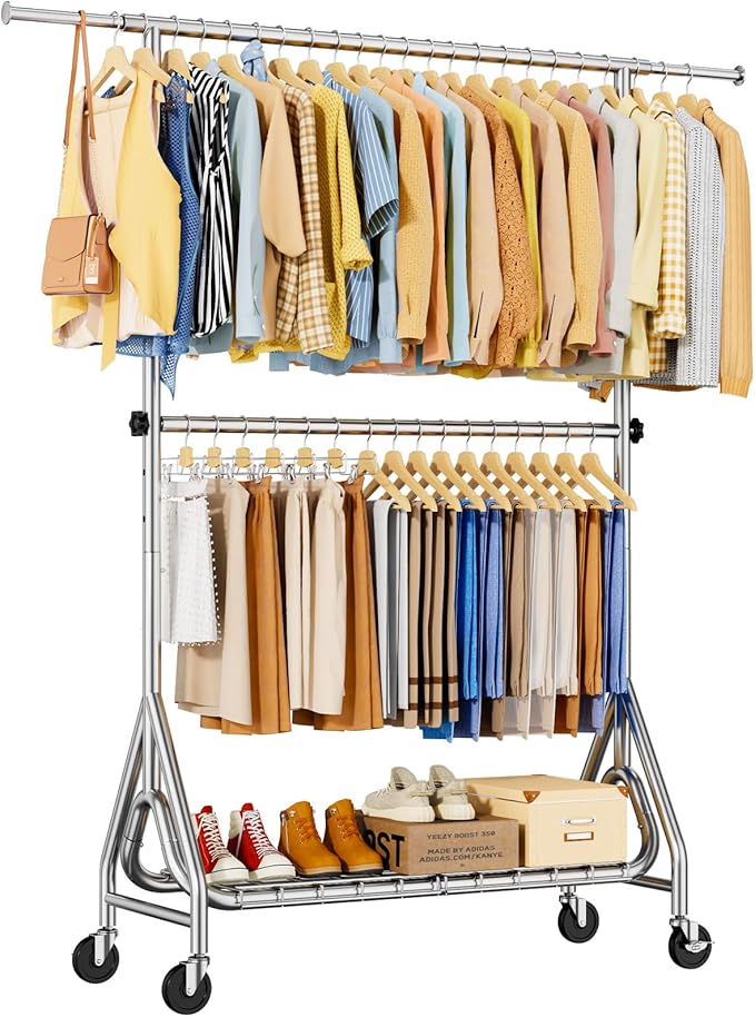 Heavy Duty Clothes Rack for Hanging Clothes, Double Rods Clothing Rack with Lockable Wheels, Rolling Garment Racks with Shelf, Easy to Assemble, Silver