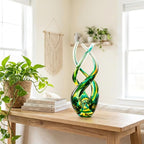 Hand Blown Glass Decor - Emerald Green Glass Sculpture - Aurora Collection Theme Spiral Kinetic Figurine, Light Reactive Gradient Decor for Home Office Garden, Ideal Gift for All Occasions