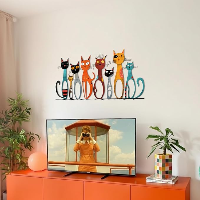 Wesiti Cat Wall Art Decor Iron Wall Sculptures Decor for Cats Lover 15.75 x 7.02 Inches Colorful Mid Century Cat Retro Signs for Home Living Room Bedroom Kitchen Office(Cute)