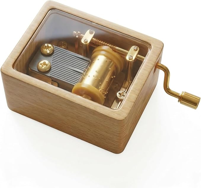 Hand Crank Wooden Music Box - Beech Wood with Clear PVC Window, Premium Golden Movement, Mini Size 6x4.5x3cm, 80g - Ideal Gift for Loved Ones (Contemporary, You are My Sunshine)