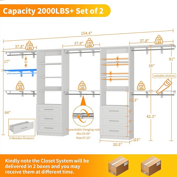 Closet System with 6 Wood Drawers, 6.6-13FT Closet Organizer System with Cuttable Shelves for Walk in Closet with 6 Expandable Hanging Rods, Heavy Duty Built-in Closet for Bedroom, White