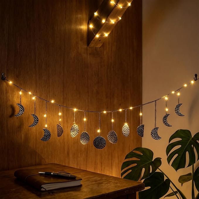 opulinea Boho Moon Phase Wall Hanging, Black Gunmetal Hammered Metal LED Celestial Garland for Bedroom Witchy Home Christmas Decor