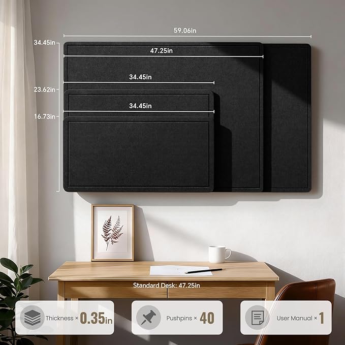 Large Bulletin Board, 35 X 24 Inches Felt Cork Board with 40 Pushpins, Foldable Felt Notice Pin Board Photo Display Board with Self-Adhesive Tape for Office Home School (Black, 35x24 inch)
