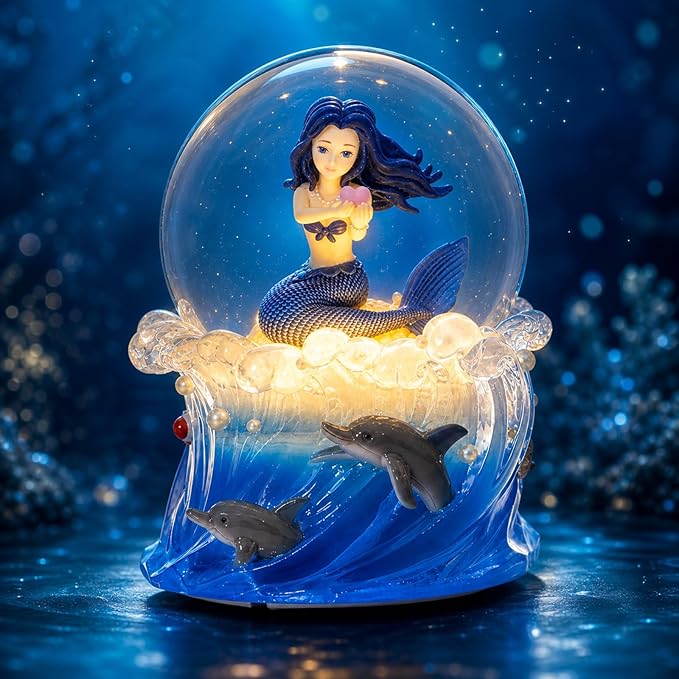 Mermaid Snow Globe Music Box with Light, Plays You are My Sunshine, Blue Ocean Musical Snow Globe Gift for Women, Wife, Girlfriend, Daughter, Mom, Birthday Anniversary Christmas Decor
