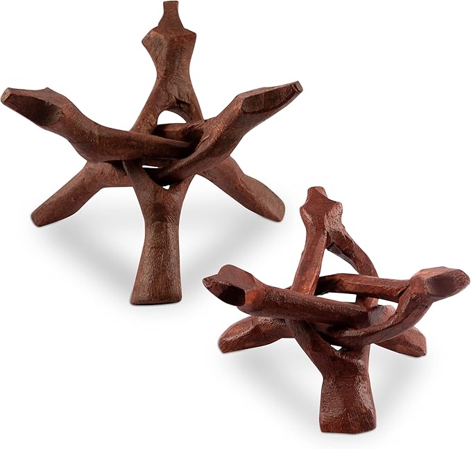Wish Well 2 Piece Wooden Tripod Stand - 4" & 6" Hand-Carved Room Decor Holder ~ Ideal for Abalone Shell, Decorative Bowl, Crystal Ball, Sphere, Geode ~ Wood Display Stand & Perfect Crystal Holder