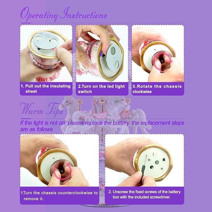 Carousel Music Box，Luxury Color Change LED Light Music Box,Luminous Rotating 3-Horse Musical Box with Gift Box for Girls Birthday Valentine Gift (Castle in The Sky, Purple)