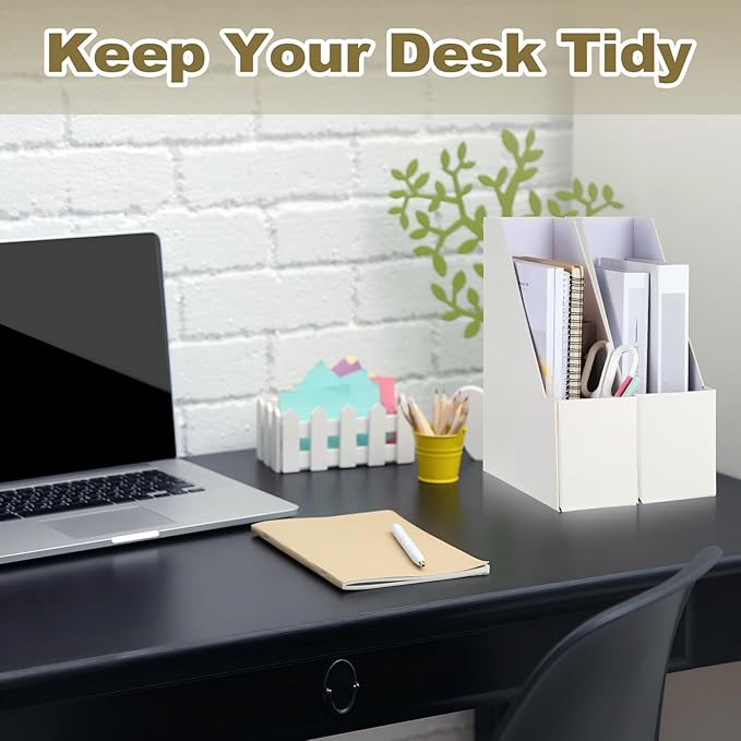 Gueevin Set of 6 Magazine File Holders, Sturdy Cardboard Desk Magazine Organizer with Gold Label Slots, Foldable File Folder Rack for Home Office Classroom Library(Beige)