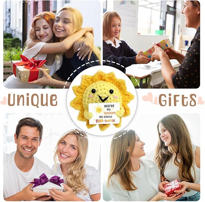 Sunshine Gifts for Girlfriend & Boyfriend, Handmade Positive Crochet Sunshine Doll with Sweet Messages - Crochet Emotional Support Buddies, Positive Gift for Her/Him, Long Distance Relationship Gifts