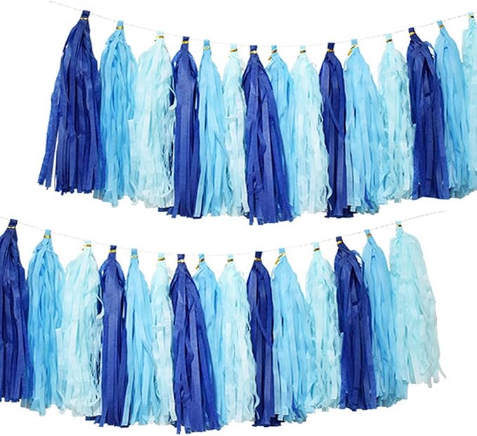Blue Party Decorations,Navy Blue Light Blue and Blue Paper Tissue Tassel Garland Banner,15 Pcs