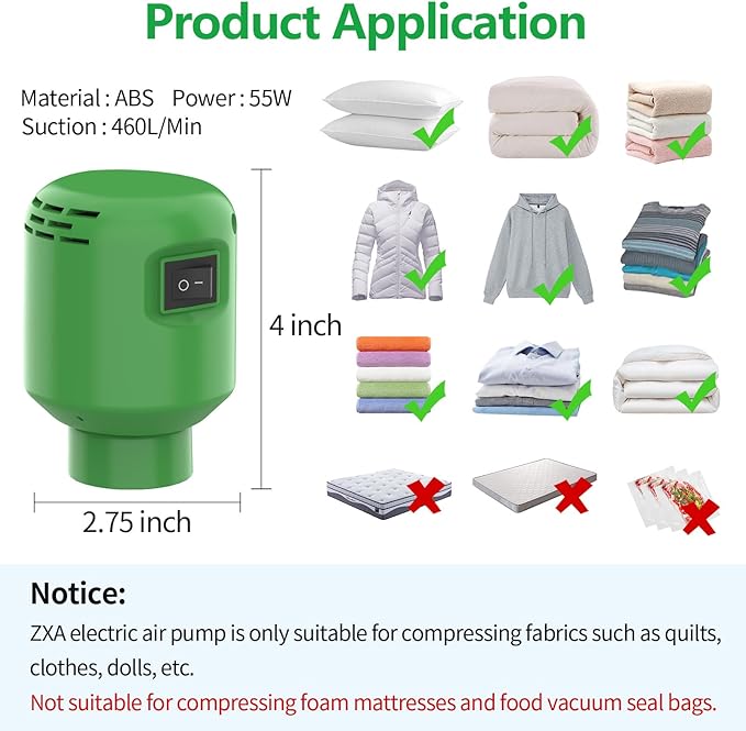 Electric Pump for Vacuum Storage Bags, 55W 5000PA Portable Travel Vacuum Pump for Storage Bags, Green