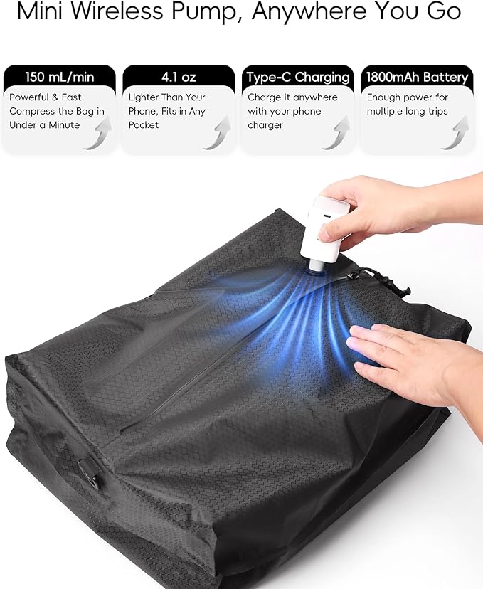 Travel Vacuum Bags with Wireless Pump, Reusable Vacuum Compression Bags for Suitcase, Space Saver for Luggage, Airtight & Waterproof, Perfect for Frequent Travelers & Business Trips (2-Pack)