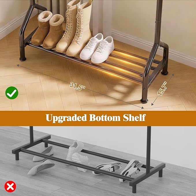 EAGMAK Sturdy Clothing Rack with Shelf, Metal Garment Rack with Leveling Feet for Hanging Clothes, Freestanding Clothes Rack for Bedroom, Apartment & Small Spaces, Black