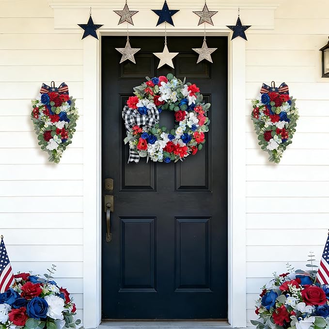 Idyllic 2 Pcs Red White and Blue Floral Swag with Roses, Hydrangea & Daisies | Patriotic Hanging Door Decor for 4th of July Memorial Day Front Door