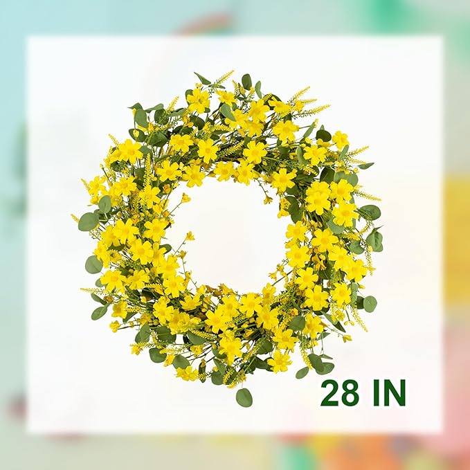 J'FLORU Artificial Large Spring Wreath 28 Inch Summer Wreaths for Front Door Yellow Daisy Wreath for Indoor Outdoor Home Decor and Easter Celebration