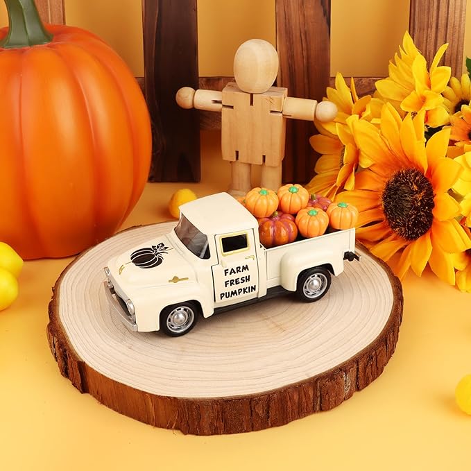 Fall Pumpkin Metal Truck Fall Home Kitchen Decorations with 8 Pcs Plastic Pumpkin, Vintage Farmhouse Tabletop Tiered Tray Decor for Summer Home Kitchen Mantel Shelf Bookshelf Mini Truck Decor