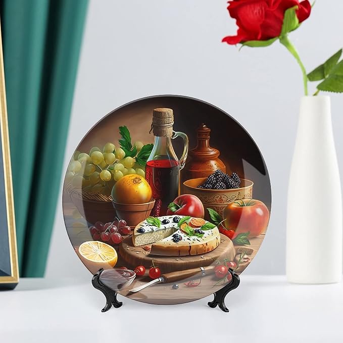 Decorative Plates, Wine, Fruit & Pizza Foods Painting Display Plate for Home Office Kitchen Table Decor Porcelain Plates 8 Inch, Birthday Gifts