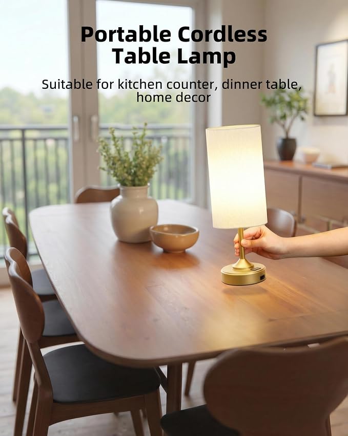Battery Lamp, Dimmable, Ambient Light, 2700K, Timer, Touch Control, Portable, LED, Battery Operated, Rechargeable, Wireless, Cordless, Desk Lamp, Kitchen Lamp, Fabric Shade, for Bedroom, Living Room