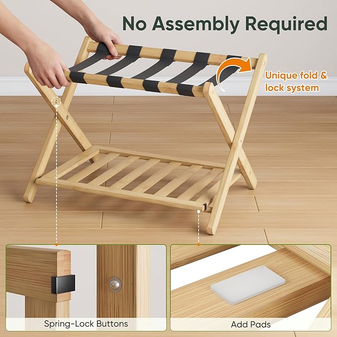 Fully Assembled Luggage Racks Pack of 2, Folding Suitcase Stand with Storage Shelf, Bamboo Luggage Stand with 5 Nylon Straps for Guest Room, Bedroom, Heavy Duty, Natural