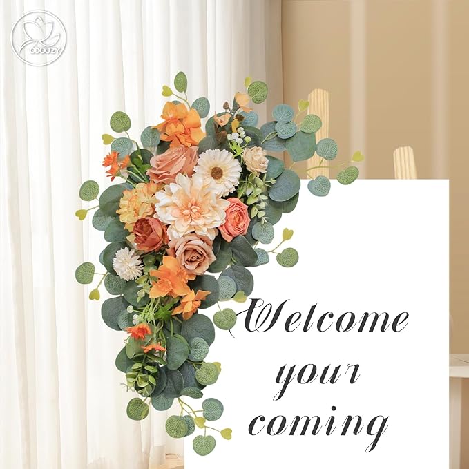 Odouzy Artificial Wedding Arch Flowers for Wedding Sign,Set of 2 for Wedding Welcome Ceremony Sign,Faux Floral Swags,Wedding, Banquet and Reception Backdrop Floral Decoration (Orange)