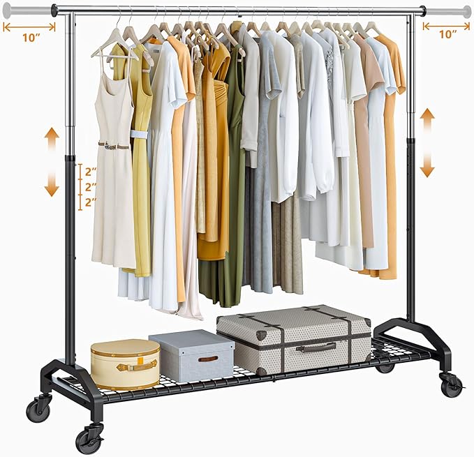 Heavy Duty Clothes Rack for Hanging Clothes Extendable Rolling Clothing Rack for Hanging Clothes 350lbs Chrome 51 to 71" W x 16.53" D x 65" to 71" H 3" Industrial Wheels