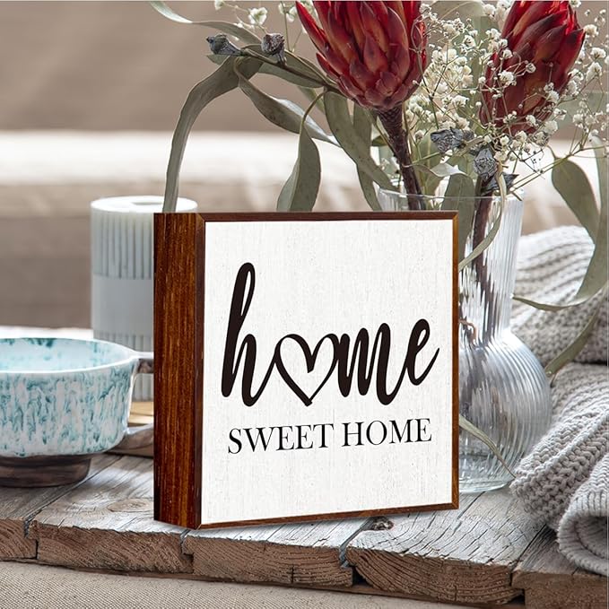 Home Sweet Home Sign Wooden Box Decorative,Home Sweet Home Decor Wood Box Sign，Rustic Farmhouse Square Decor Sign for Tabletop Home Living Room Decor 5 x 5 Inches （white）