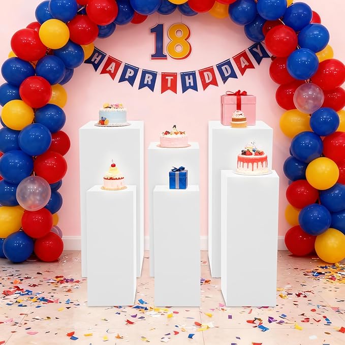 6 PCS Display Pedestal Stand, Metal Display Pedestal Stands Decoration Cube Sculpture Displays Column Square Displays Stands Pillars for Wedding Party Baby Shower Birthday (White, 6PCS)