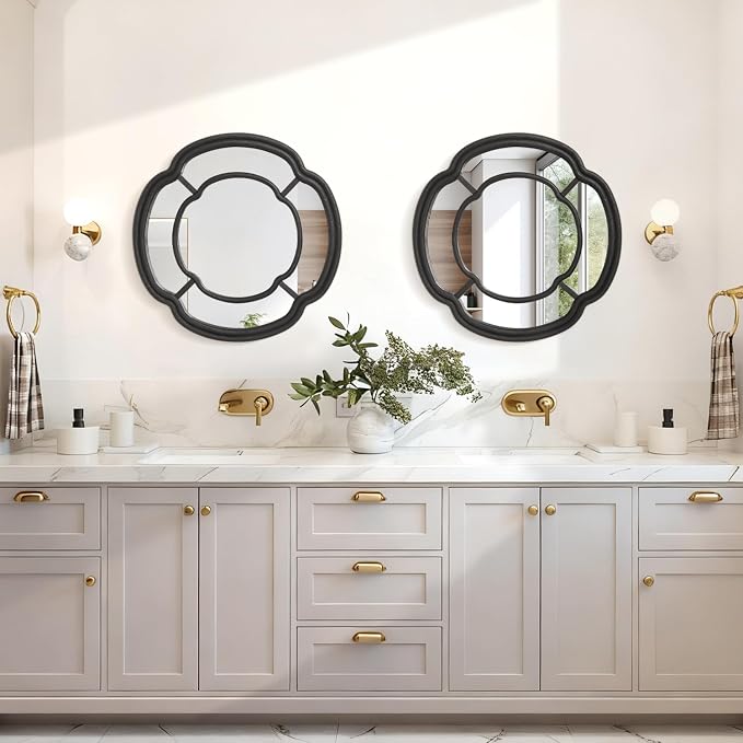 Black Wall Mounted Mirror, Irregular Circle Hanging Mirror Wooden Wavy Framed Round Decorative Mirrors for Hallway Entryway Vanity Decor 20 Inch Mirrors