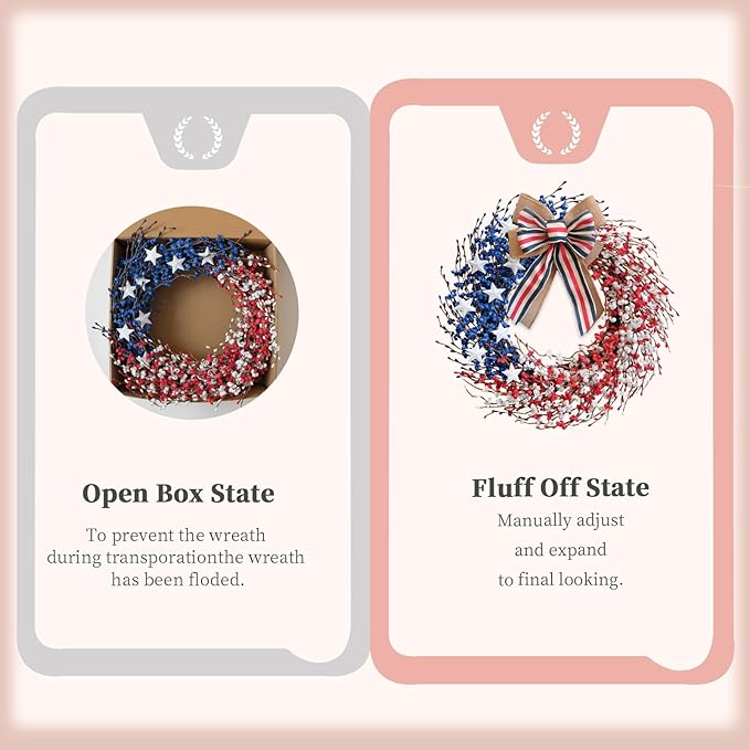 4th of July Wreath 22 inch, Patriotic Wreath for Front Door, Red White Blue American Independence Day Memorial Day Flag Day Indoor Outdoor Decor