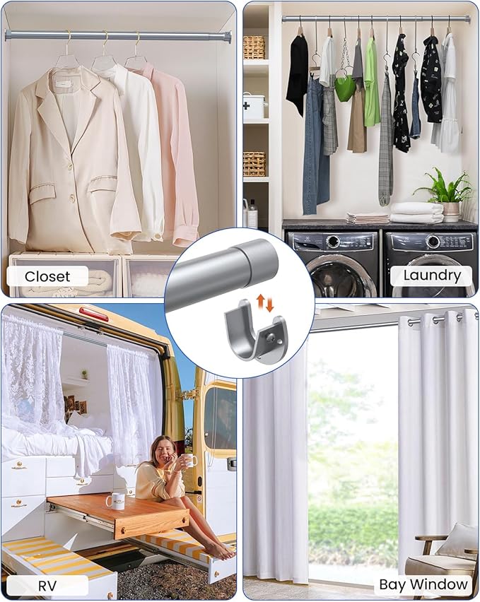 Closet Rods for Hanging Clothes, 17 to 69 Inches Stepless Adjustable Metal Closet Rod, 1.3 Inches Heavy Duty Clothes Hanging Rod for Closet Wardrobes Laundry RV, Silver
