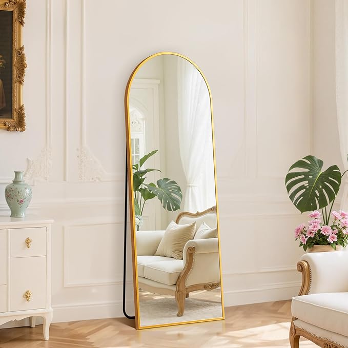 DUMOS 59"x16" Arched Full Length Mirror with Stand, Floor Standing Aluminum Frame, Shatter-Proof Nano Glass for Bedroom, Living Room, Cloakroom – Modern Simple Home DecorHanging or Leaning,Gold