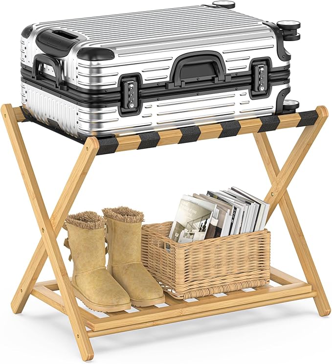 Bamboo Luggage Rack for Guest Room, Wide Suitcase Stand with Storage Shelf, Folding Luggage Stand Holder for Bedroom Hotel, 26.77" Thickened Luggage Rack for Suitcases, Natural