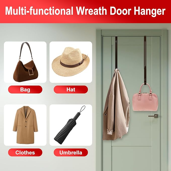 2-Pack Wreath Hooks for Front Door, 12.5-20" Extendable Heavy Duty Metal Over The Door Hooks (22 lbs) for Spring Decor & Coats, Slim Damage-Free Hanger for Tall & Screen Doors, Brushed Nickel