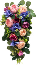 Svndlyn 24 Inch Pre-lit Peony & Rose Floral Swag for Front Door - Teardrop Spring Wreath with Timer, 20 LED Lights, Pink & Purple Vertical Wall Decor for Front Door,Wedding (Battery Operated)