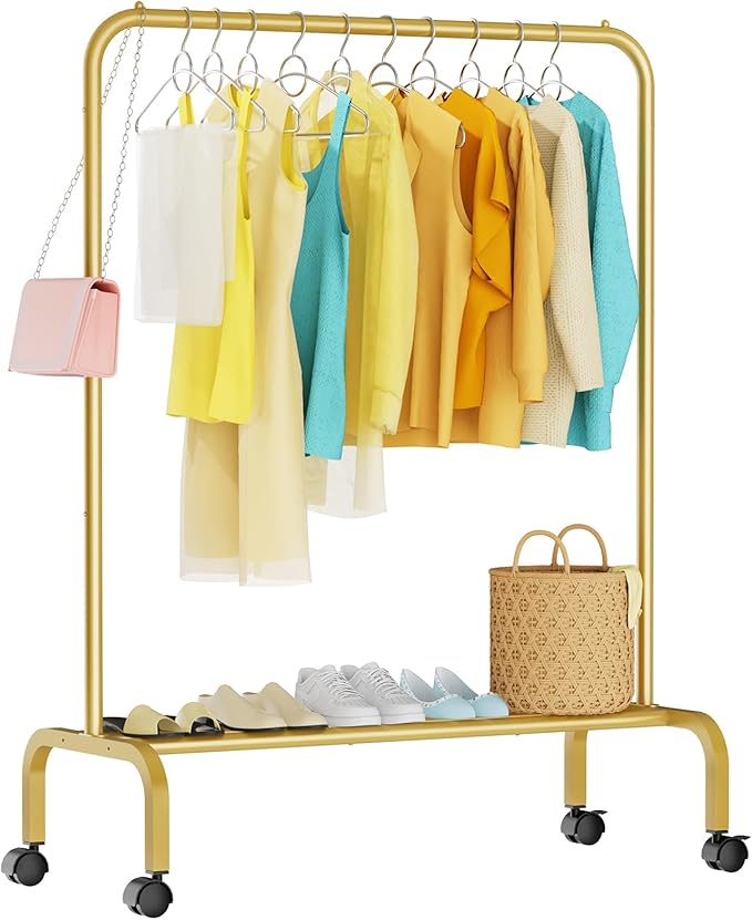 Rolling Clothing Racks for Hanging Clothes, Garment Rack for Clothes to Hang, Metal Portable Wardrobe Rack for Coats, Jackets, Shirts, Dress,Gold