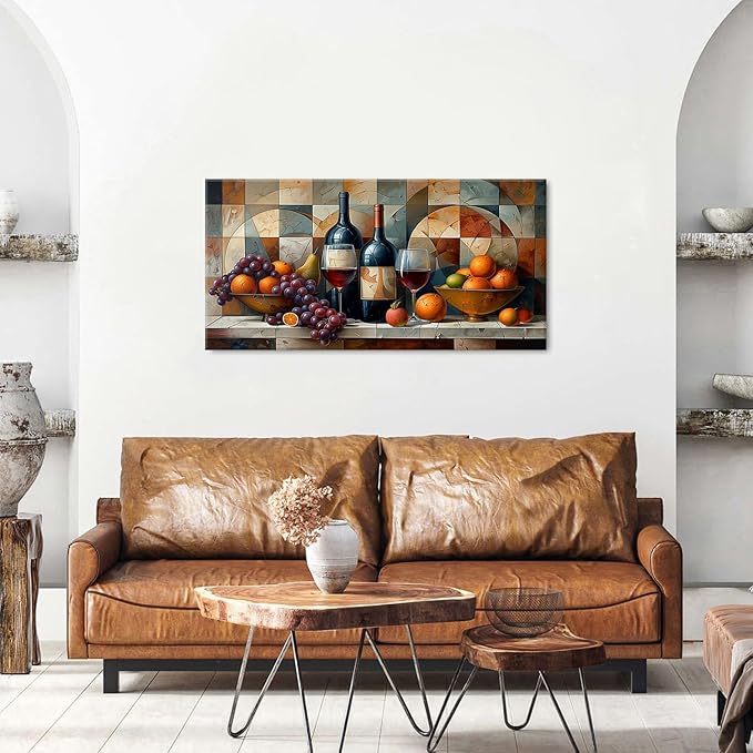 Abstract Kitchen Wall Art Geometric Dining Room Wall Decor Red Wine Glass Canvas Prints Pictures Rustic Farmhouse Fruits Still Life Painting Living Room Wine Bar Art Wall Decor Home Decorations 20x40"