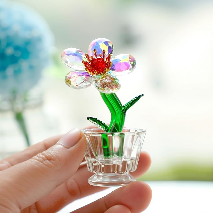 Crystal Peach Blossom Mini Ornament Figurine 2.9 * 1.5in Glass Flower Decoration for Home Office for Mom